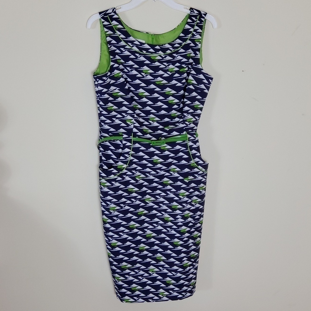 London Times Blue Green Belted Dress Size 10